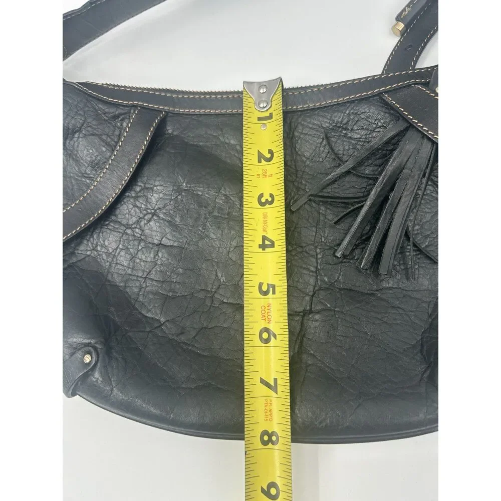 Liz Claiborne Vintage Black Crinkled Leather Shoulder Bag with Tassel Y2K